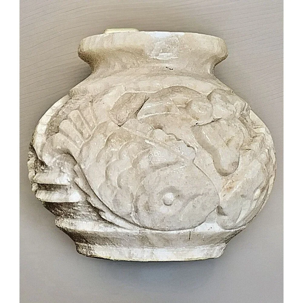 Vintage Chinese Hand Carved Soapstone Vase Double Koi Fish Motif Asian Decor
